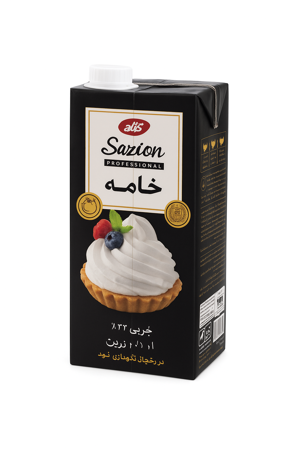 «خامه پرچرب ۳۳٪ با بسته‌بندی مشکی، کم شیرین و مناسب فرم‌دهی برای شیرینی‌پزی و دسر»